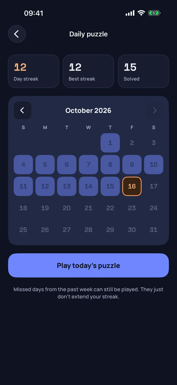 The Daily puzzle calendar in dark mode, with a 12-day streak